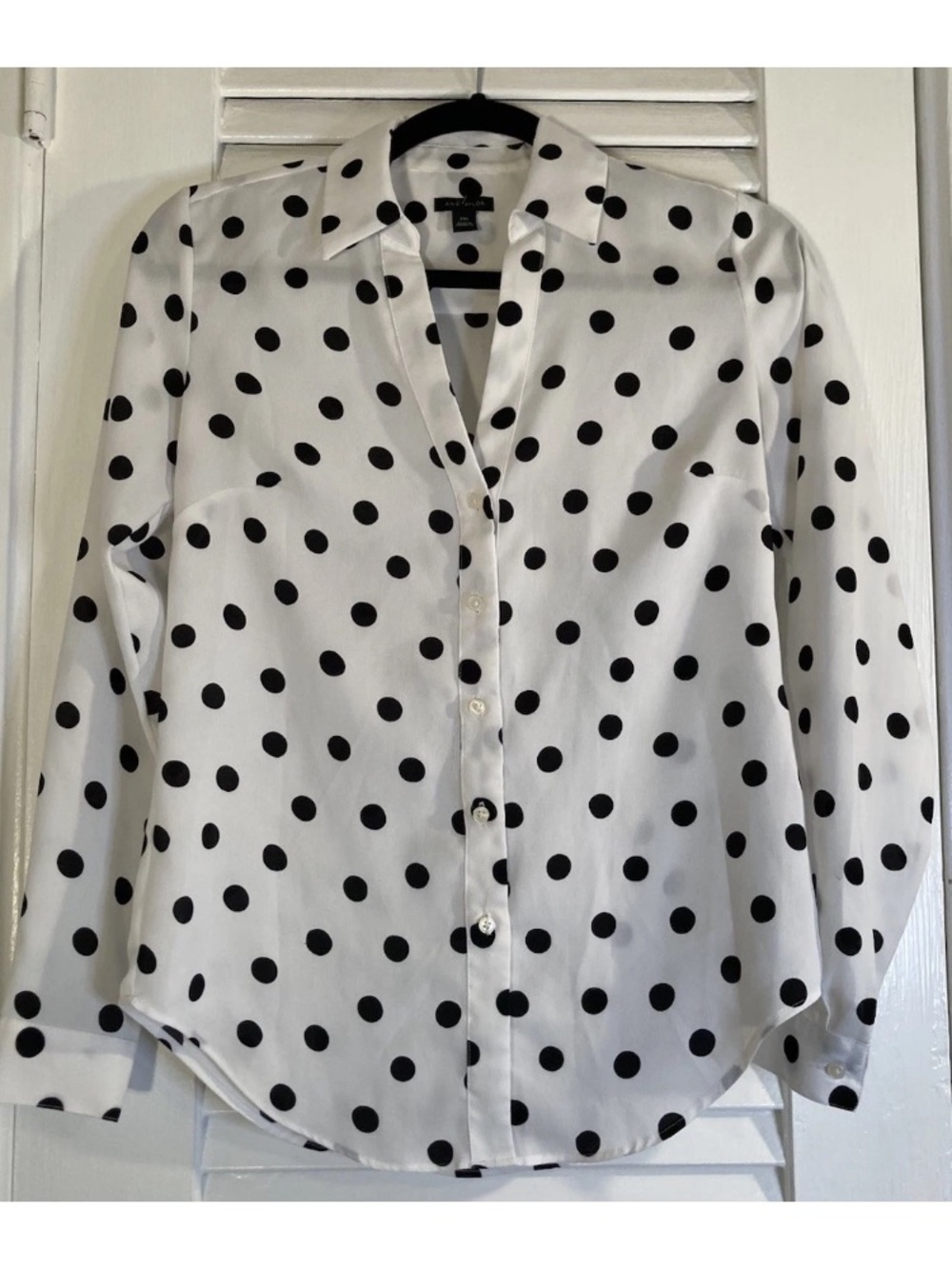 Ann Taylor White Button-Down Blouse with Black Polka Dots